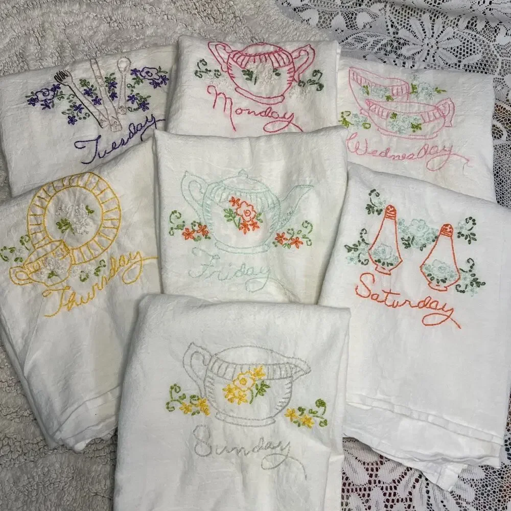 Vintage Lot of 7 Days of The Week Tea Cup Party Flour Sack Towels Dishes Teapot